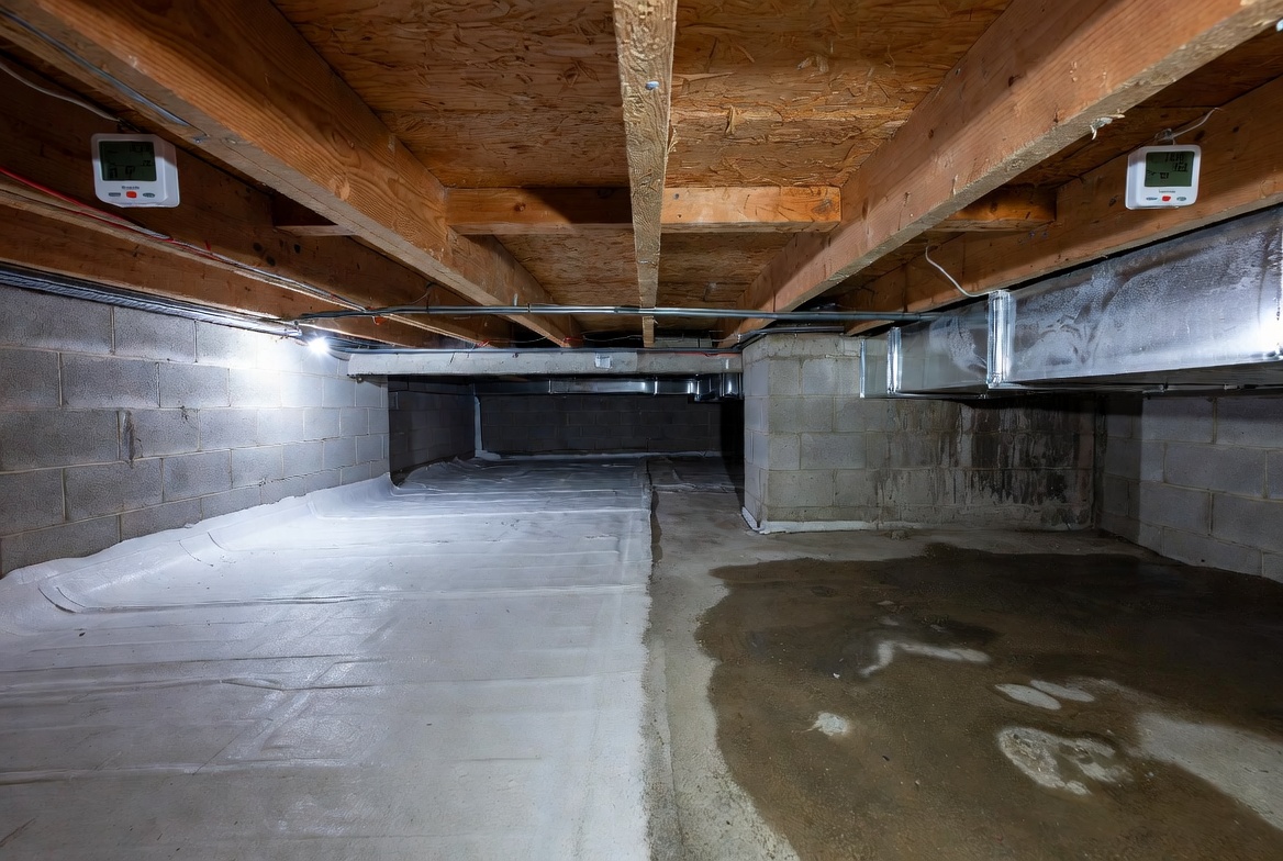 Crawl space showing normal humidity on one side and dangerous damp conditions on the other.