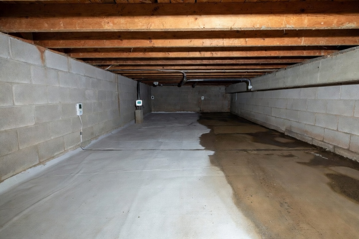 Crawl space showing a dry protected area beside a wetter area, illustrating how high humidity often points to ground vapor or bulk water problems.