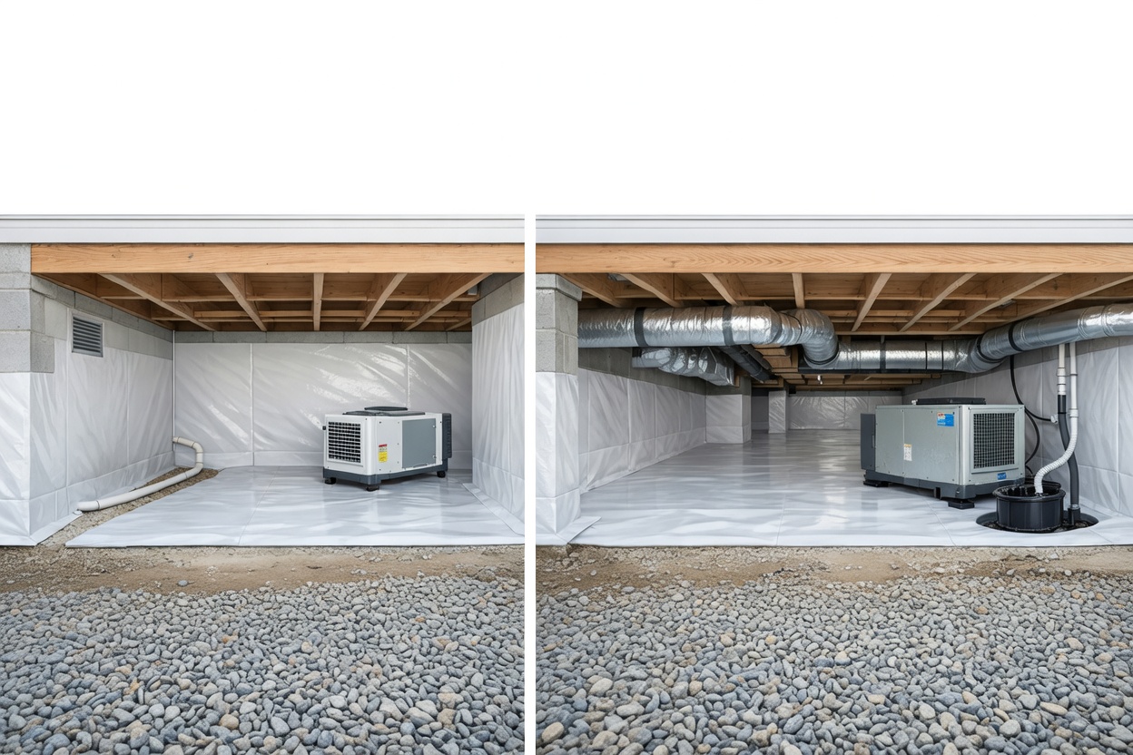 Sealed crawl spaces showing smaller and larger dehumidifier sizing conditions side by side.
