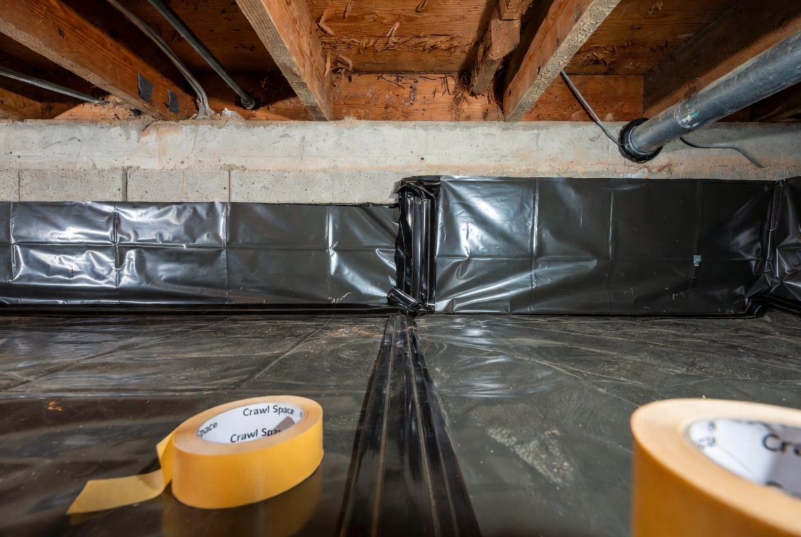 Crawl space vapor barrier tape sealing a floor-to-wall seam in a finished crawl space.