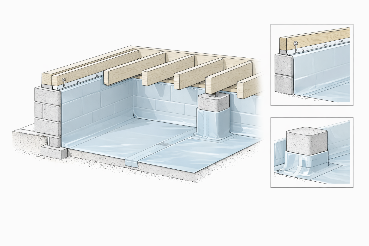 Cutaway diagram of a crawl space vapor barrier sealed at the wall, seam overlap, and pier wrap.
