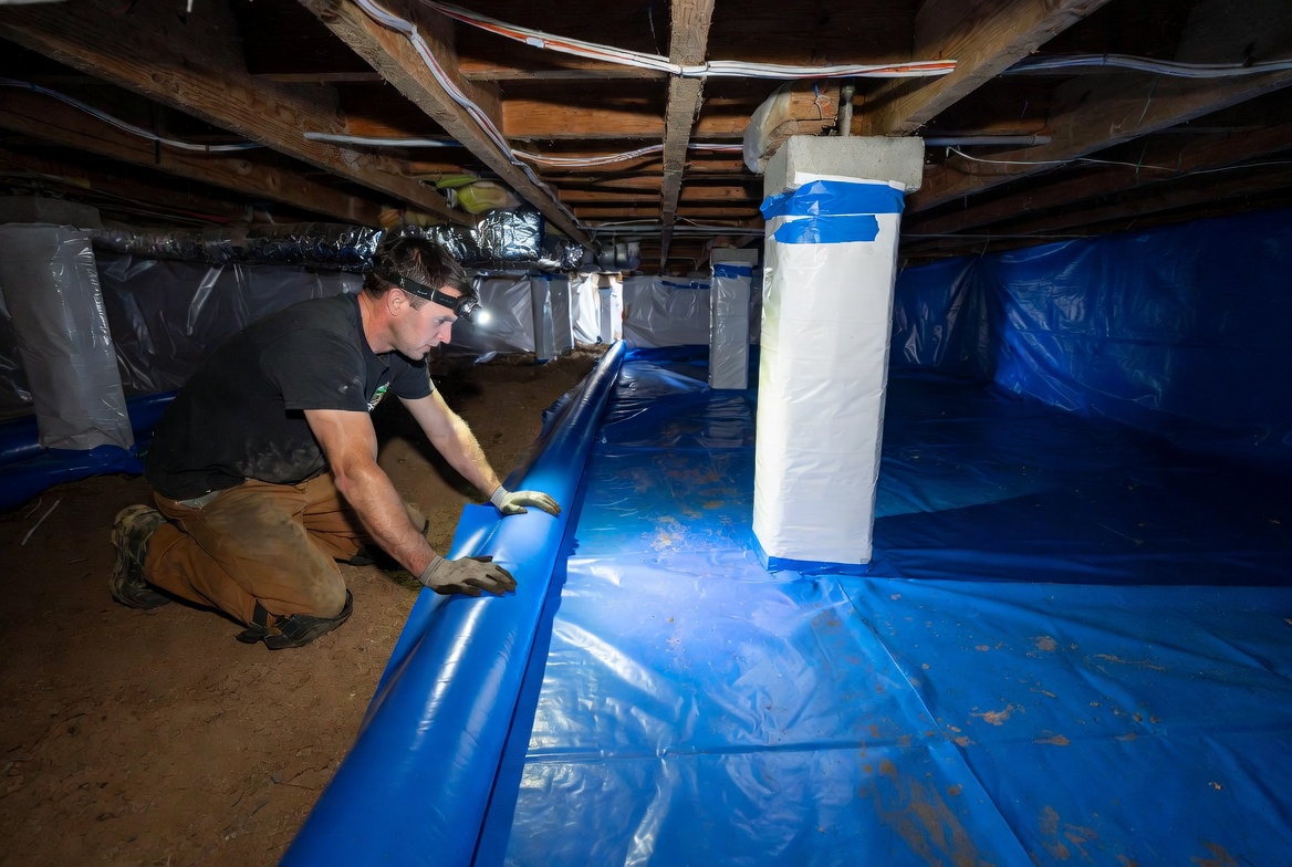 Worker installing a crawl space vapor barrier liner across the ground surface.