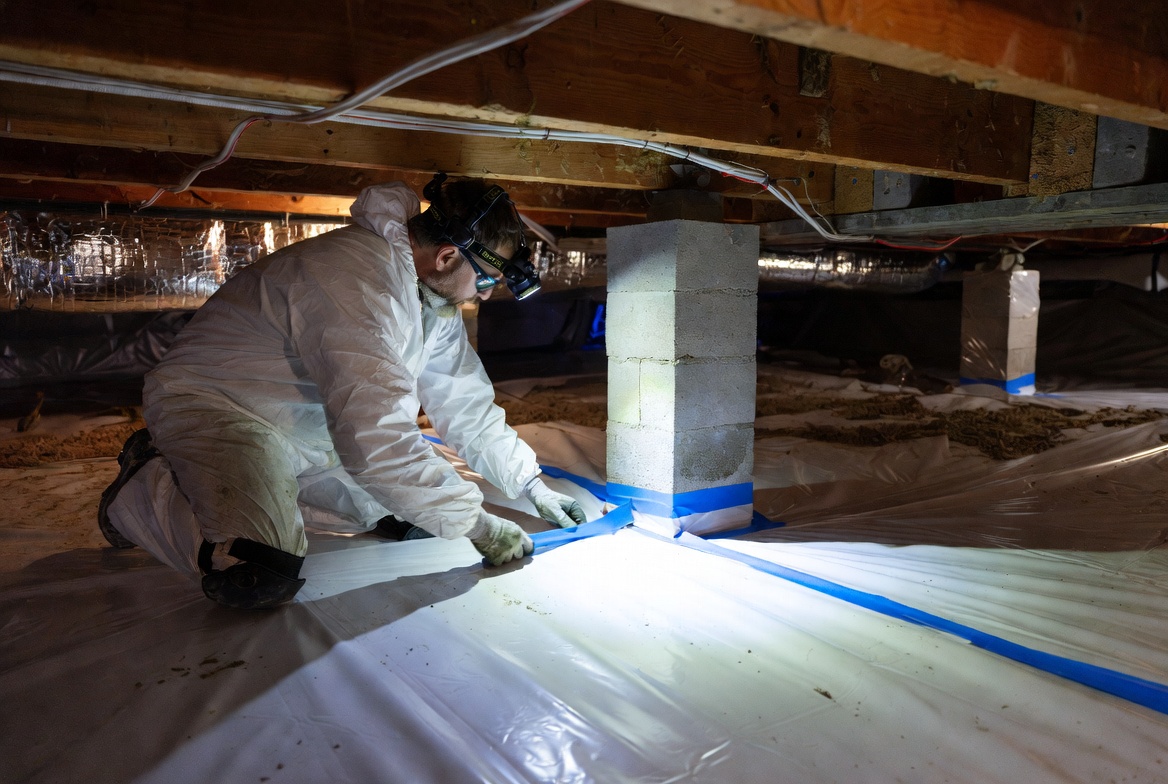 Worker sealing a crawl space vapor barrier around a support pier with taped seams.