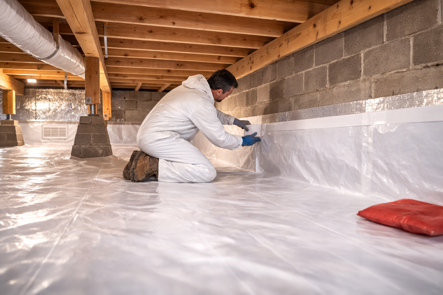 Crawl space vapor barrier installed over soil around pier blocks and adjustable jack posts under wood joists.