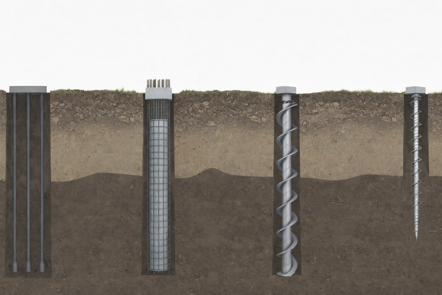 Comparison diagram of driven piles, drilled shafts, helical piles, and micropiles in layered soil.