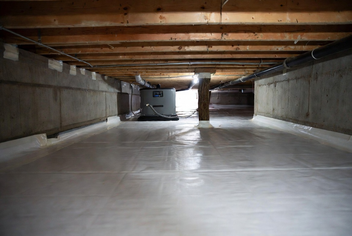 Installed crawl space dehumidifier inside a sealed crawl space with visible liner and framing.