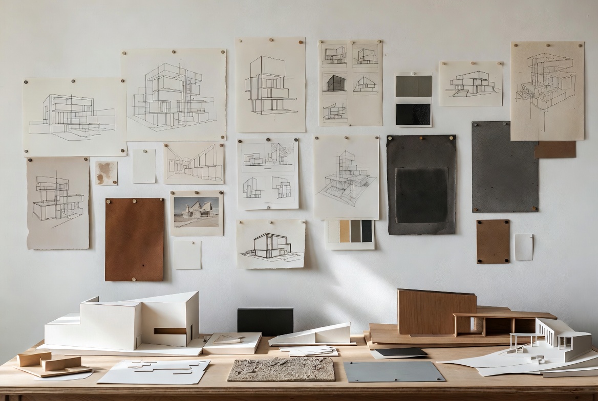 Architecture study composition showing massing, layout, proportion, rhythm, and material relationships.