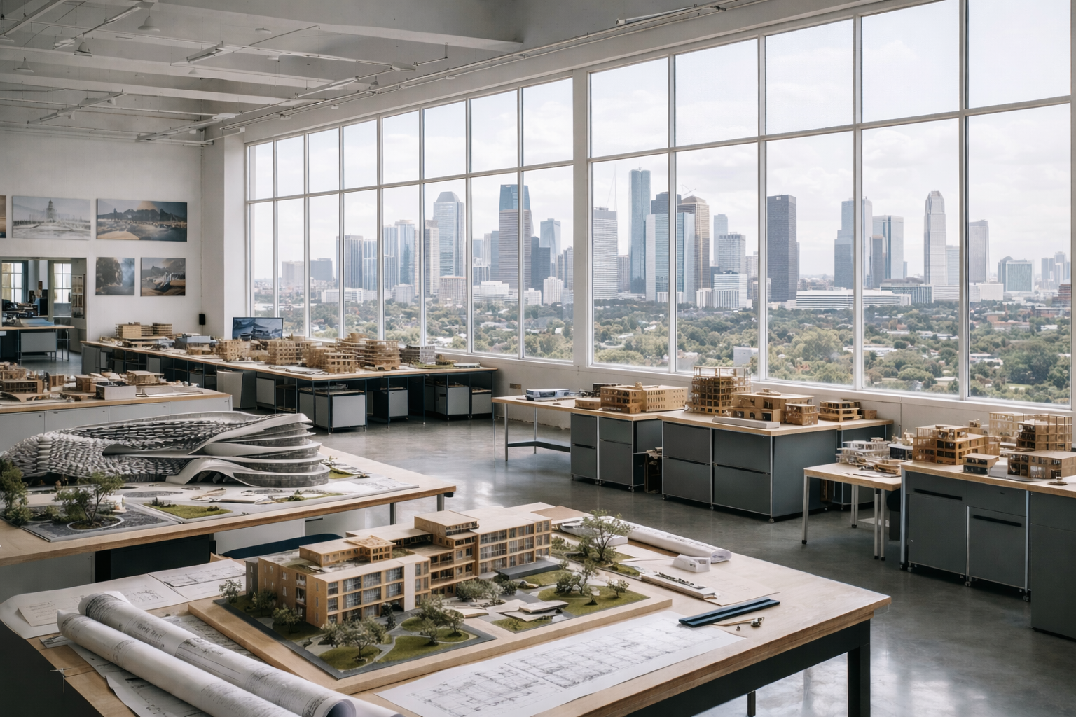 Large architecture studio workspace with models.