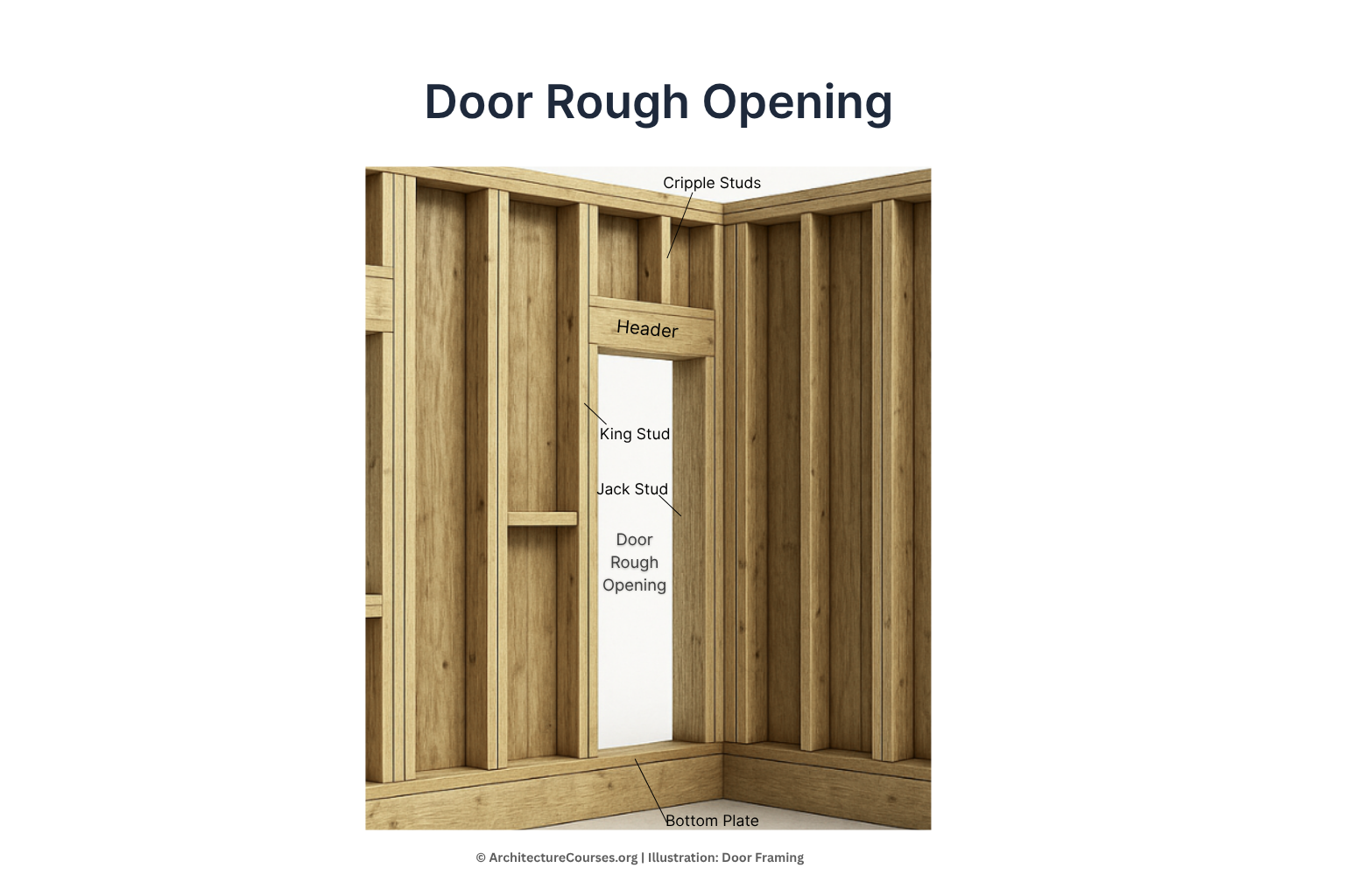 Door rough opening diagram showing header, king stud, jack stud, cripple studs, and bottom plate.
