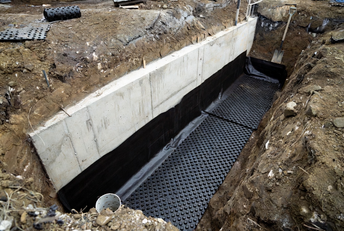 Exterior foundation waterproofing with drainage board and footing drain trench before backfill.