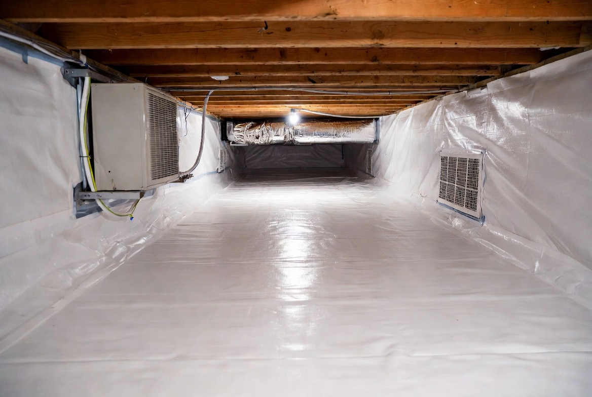 Encapsulated crawl space with sealed liner and dehumidifier where moisture control justifies the cost.