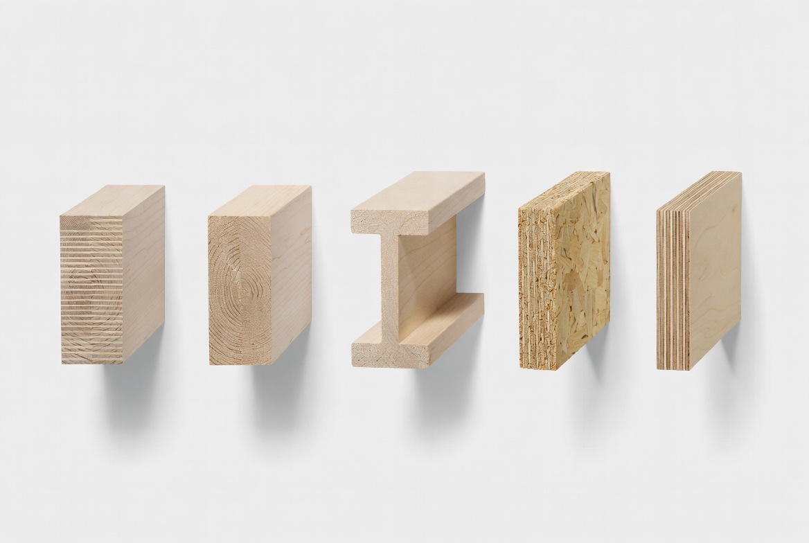 Comparison of engineered wood product samples including laminated beam stock, I-joist, OSB, and plywood on a white background.