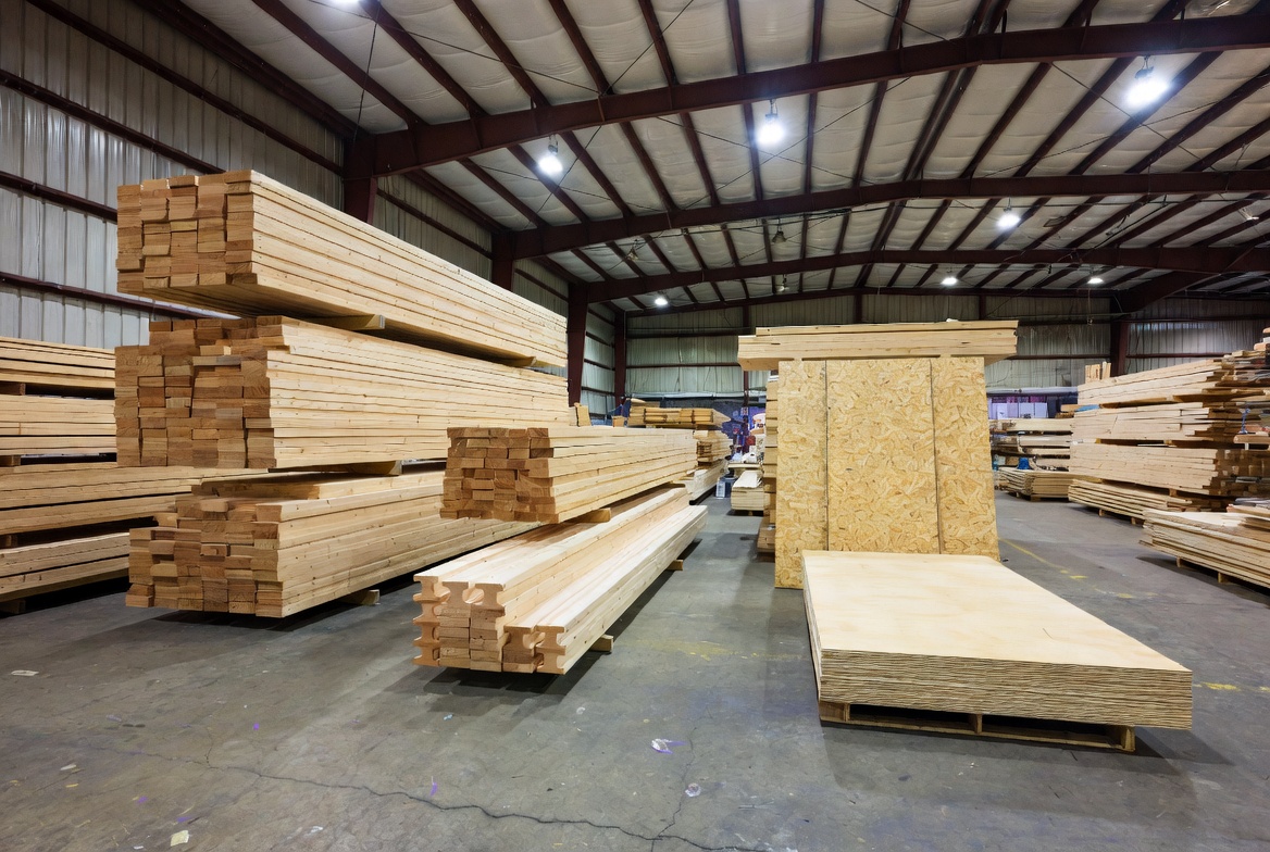 Engineered wood products in a warehouse, including I-joists, OSB, plywood, and beam stock.