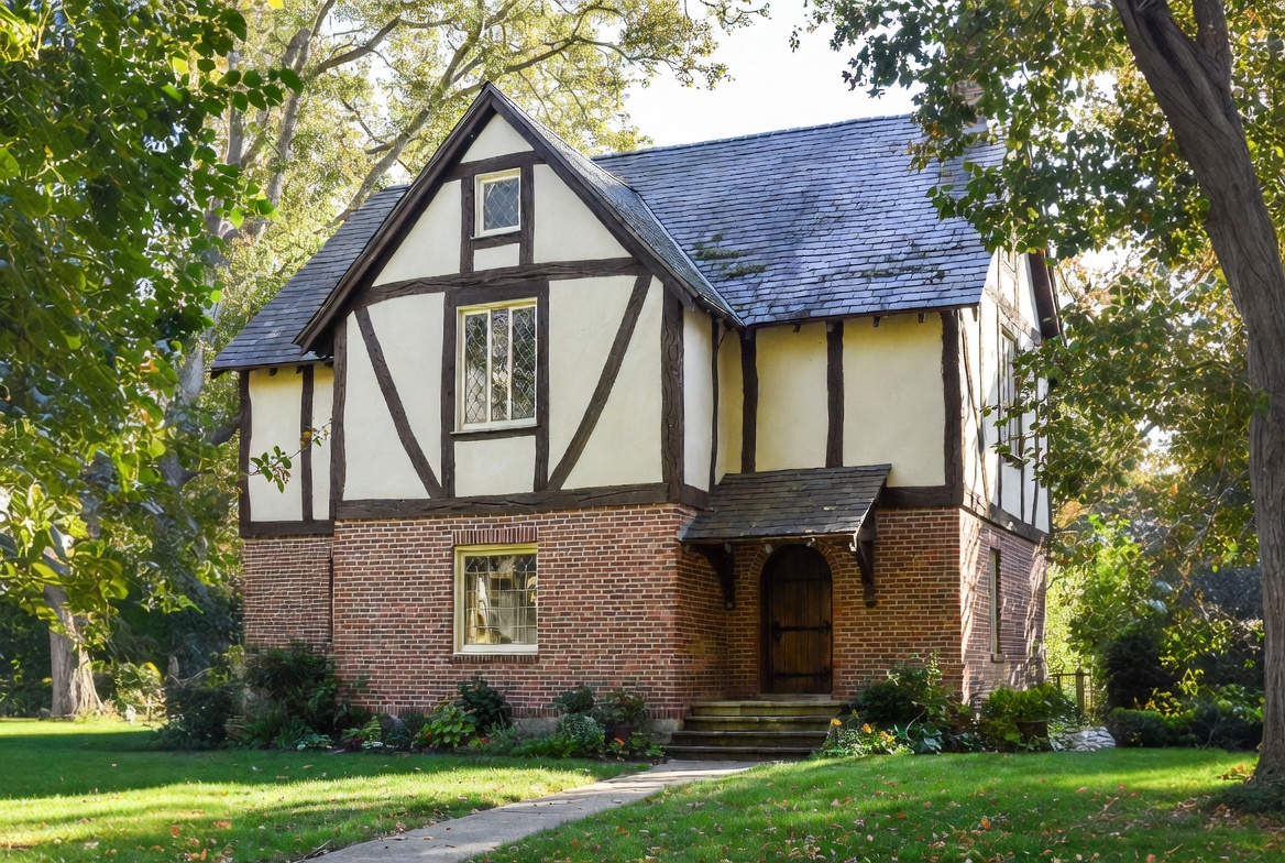 English Cottage Tudor Revival house with half-timbering, brick lower walls, and a steep front gable.