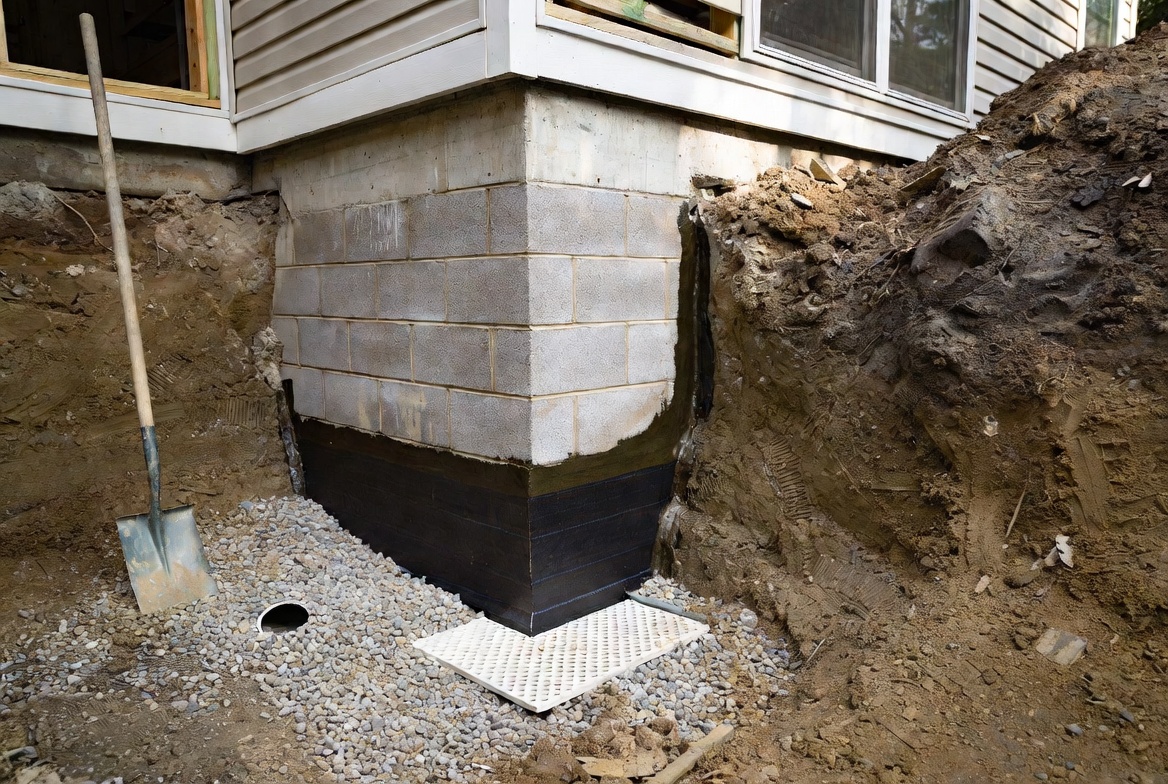 Basement foundation excavation to footing depth for exterior waterproofing repair.