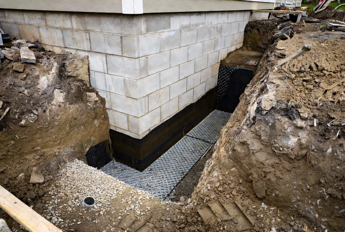Exterior foundation waterproofing trench with drainage board, gravel, and coated wall.