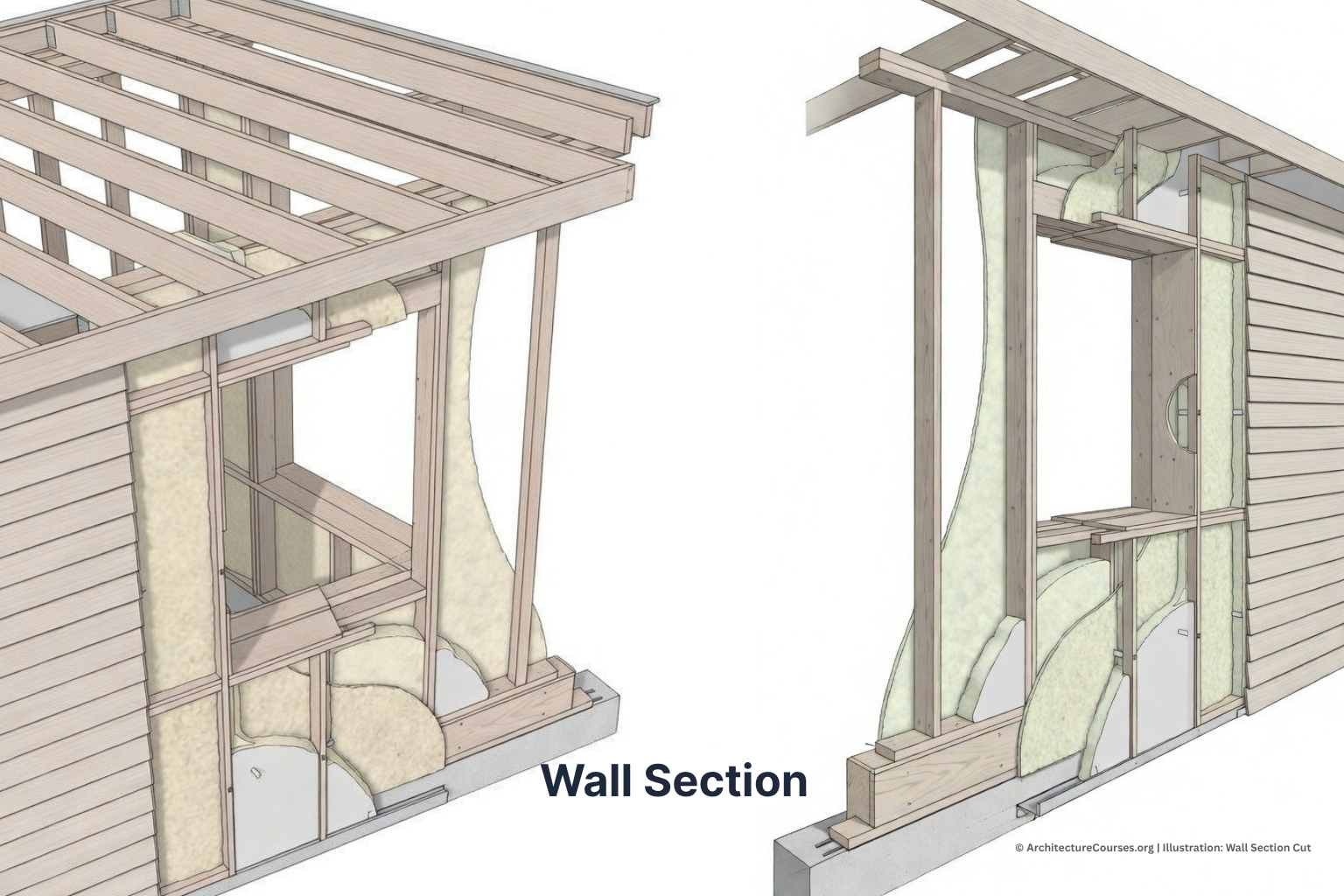 Exterior wall section showing framing, insulation, opening, siding, and foundation connection.