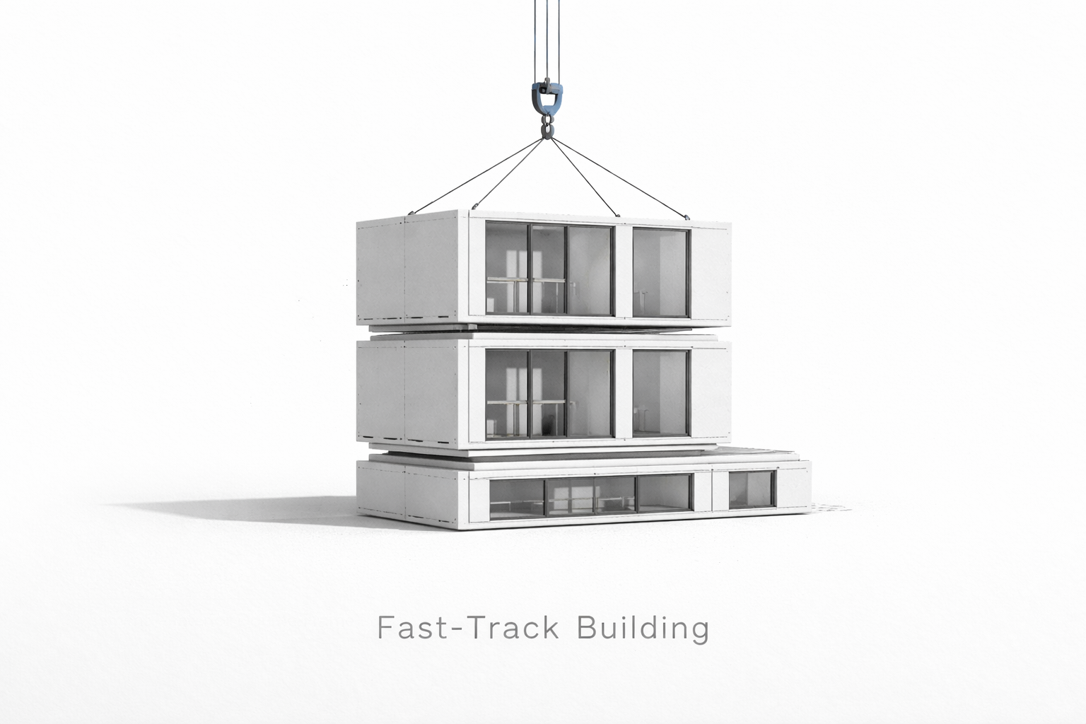 Prefabricated modular unit being set by crane onto a stacked module base during construction.