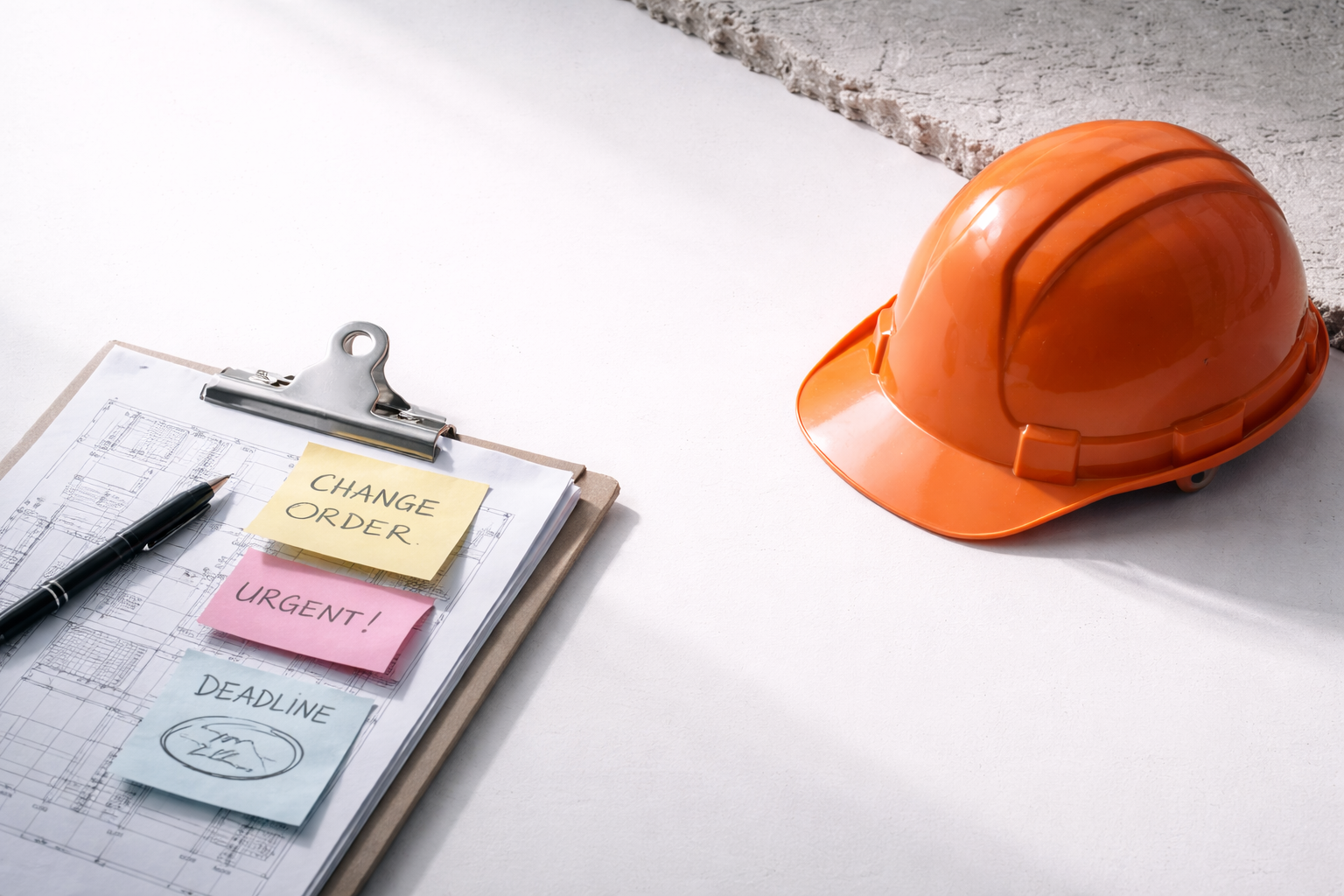 Fast-track construction risks: change order notes on plans during active project coordination.