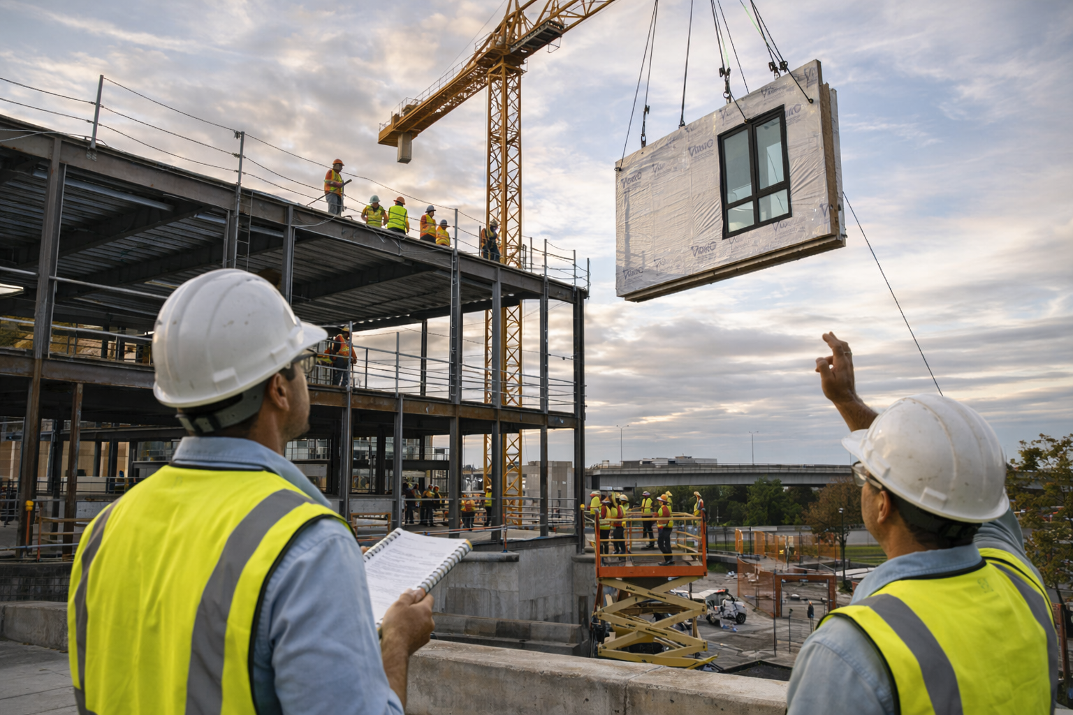 Construction crew installing prefabricated facade panel on new commercial building structure.