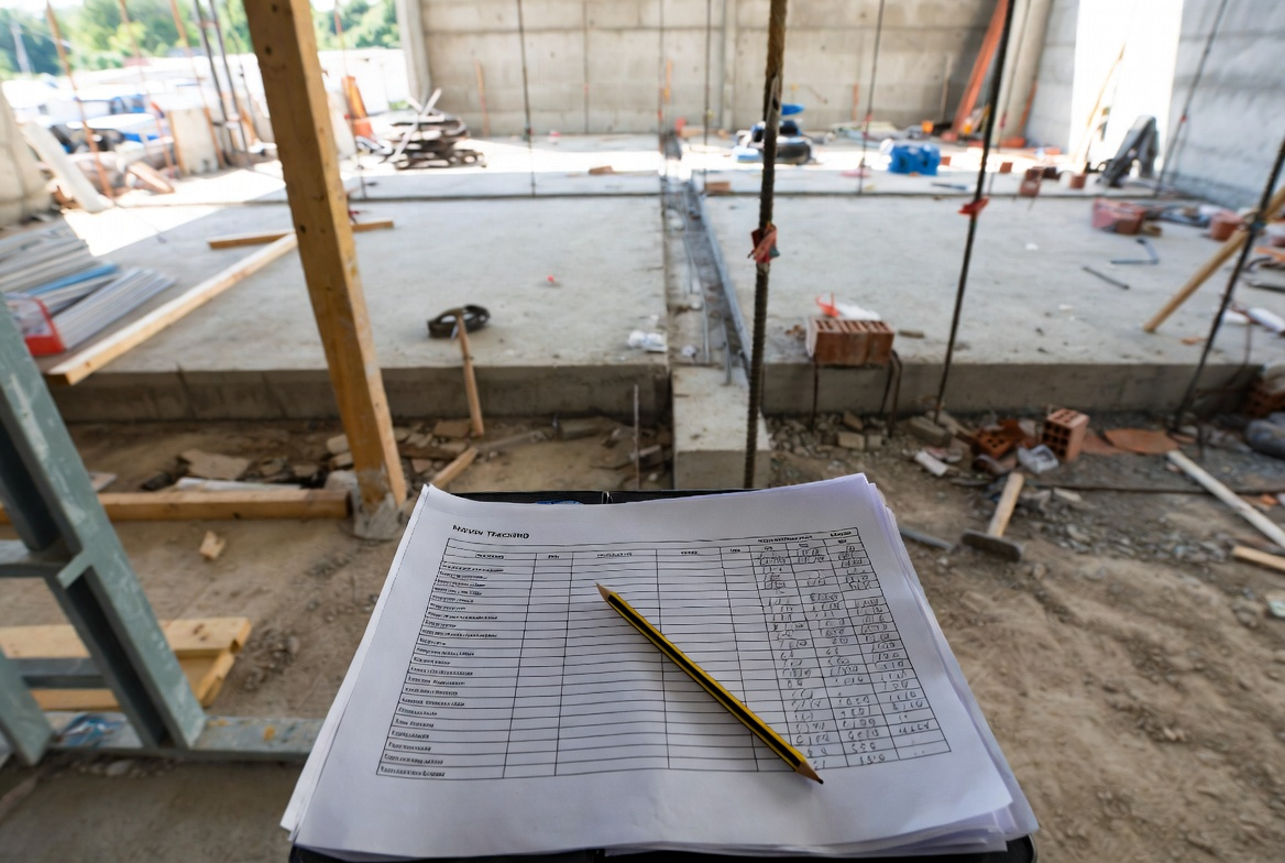Construction field checklist on clipboard with active site verification and work in progress.