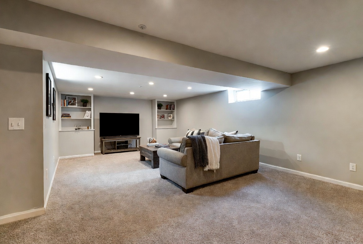 Finished basement living space with carpet, recessed lighting, built-in shelves, and a small high window.