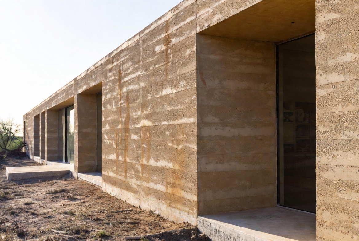 Finished rammed earth home with thick walls and deep window openings.