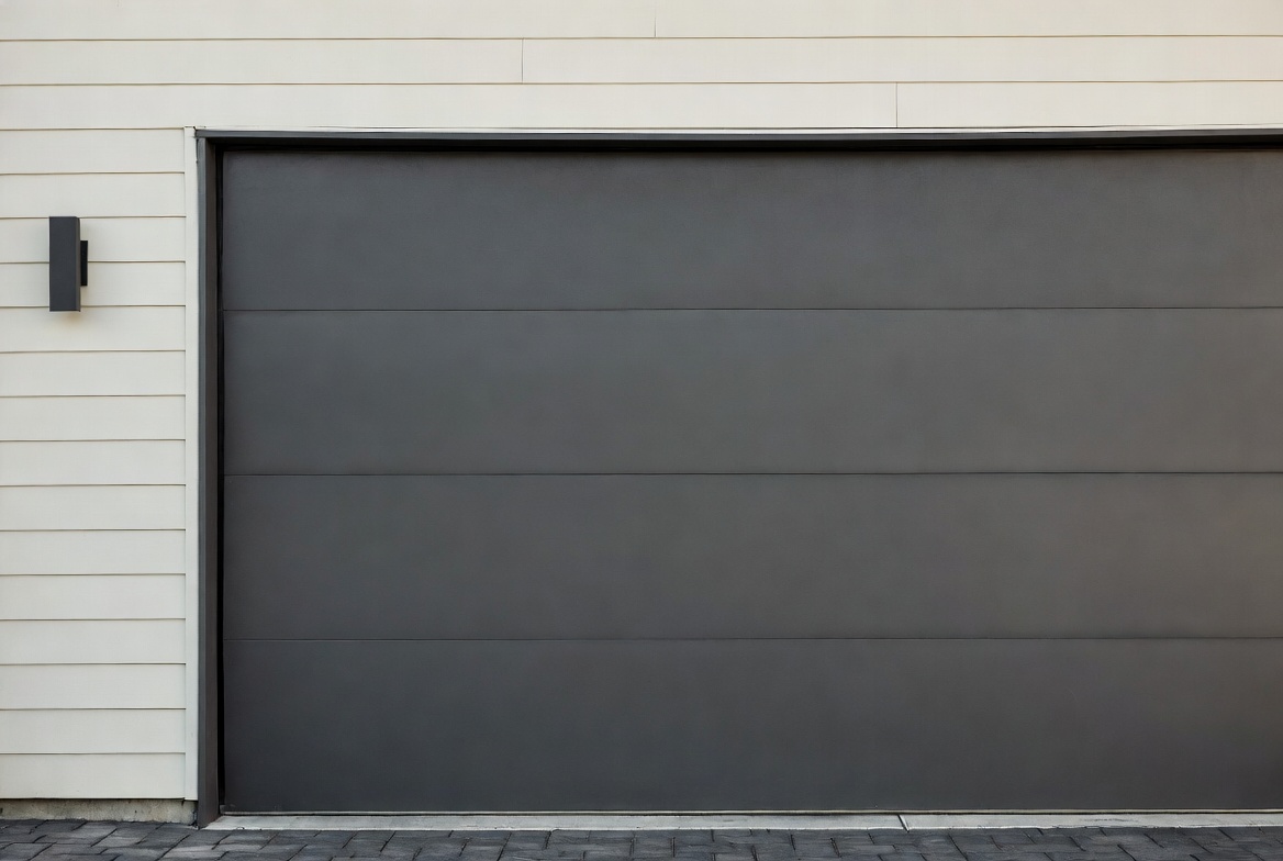 Flush-panel modern garage door with minimal trim on a light contemporary exterior wall.