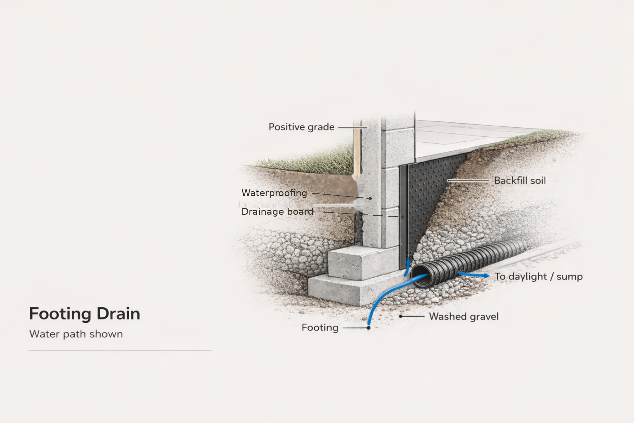 Water flows down the drainage board to the footing drain, then exits to daylight or a sump.