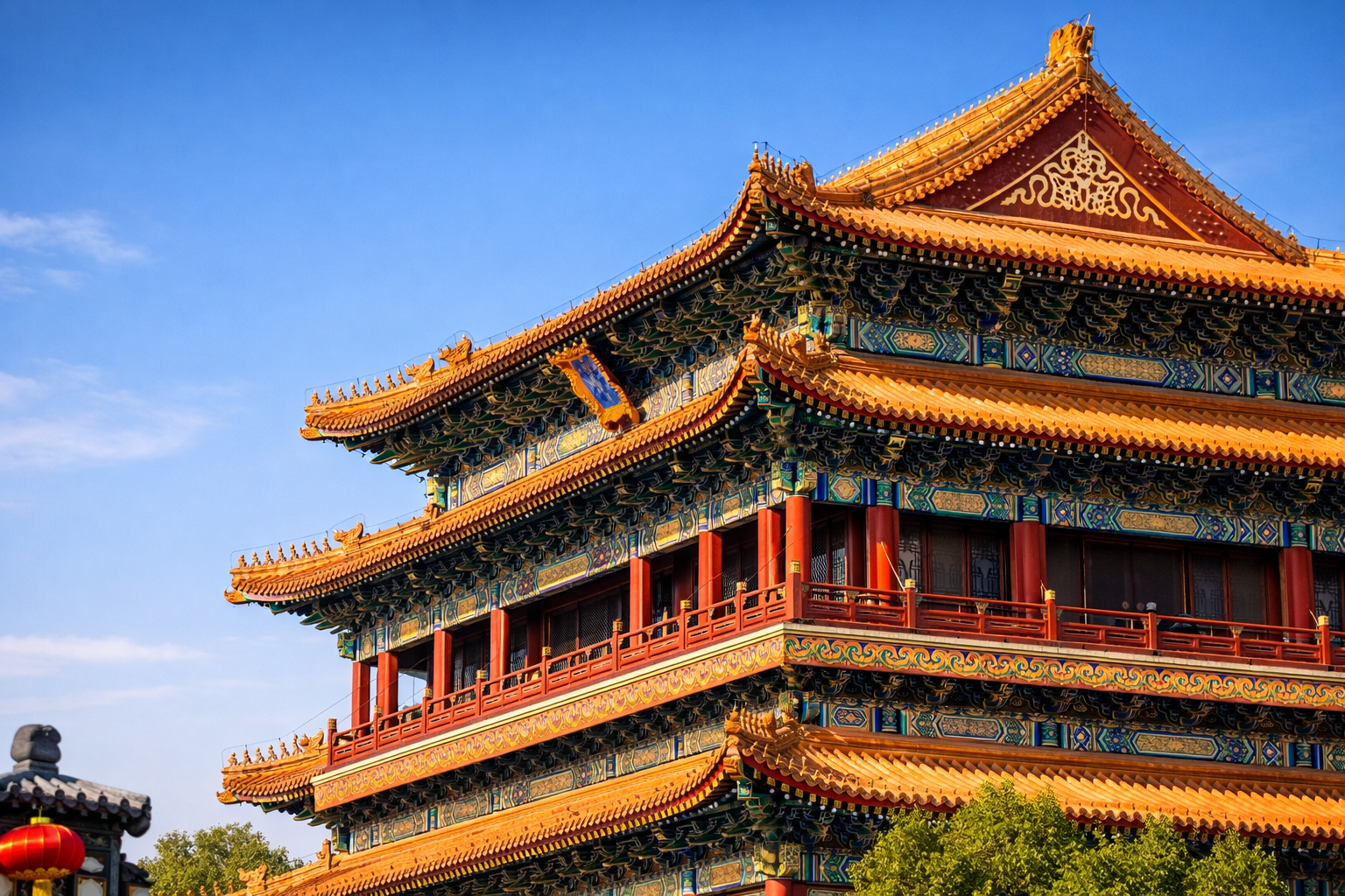 Imperial Chinese palace roof with golden tiles, red columns, and ornate eave details.