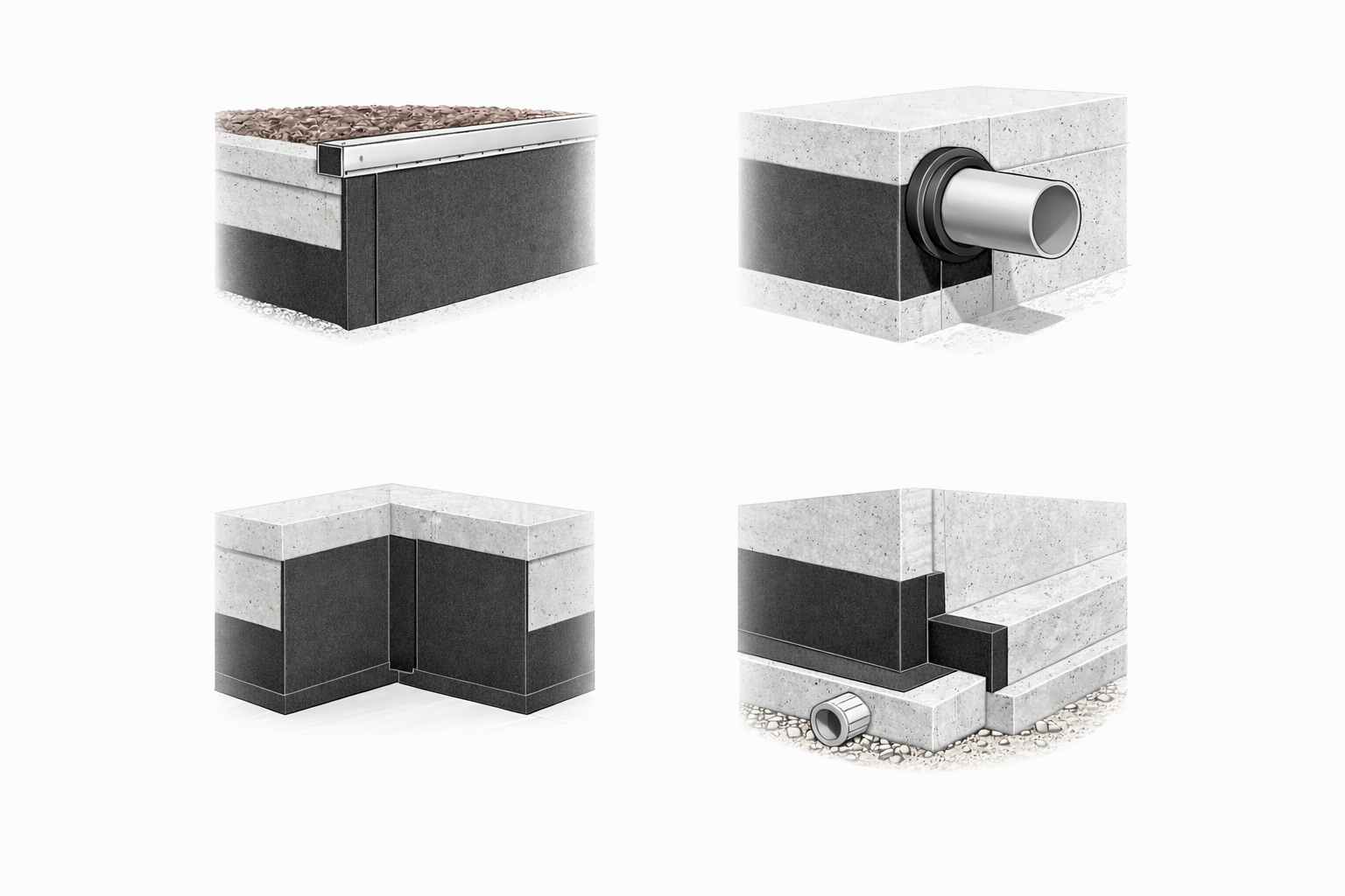 Exterior foundation waterproofing transition details with top edge, pipe, corner, and footing.