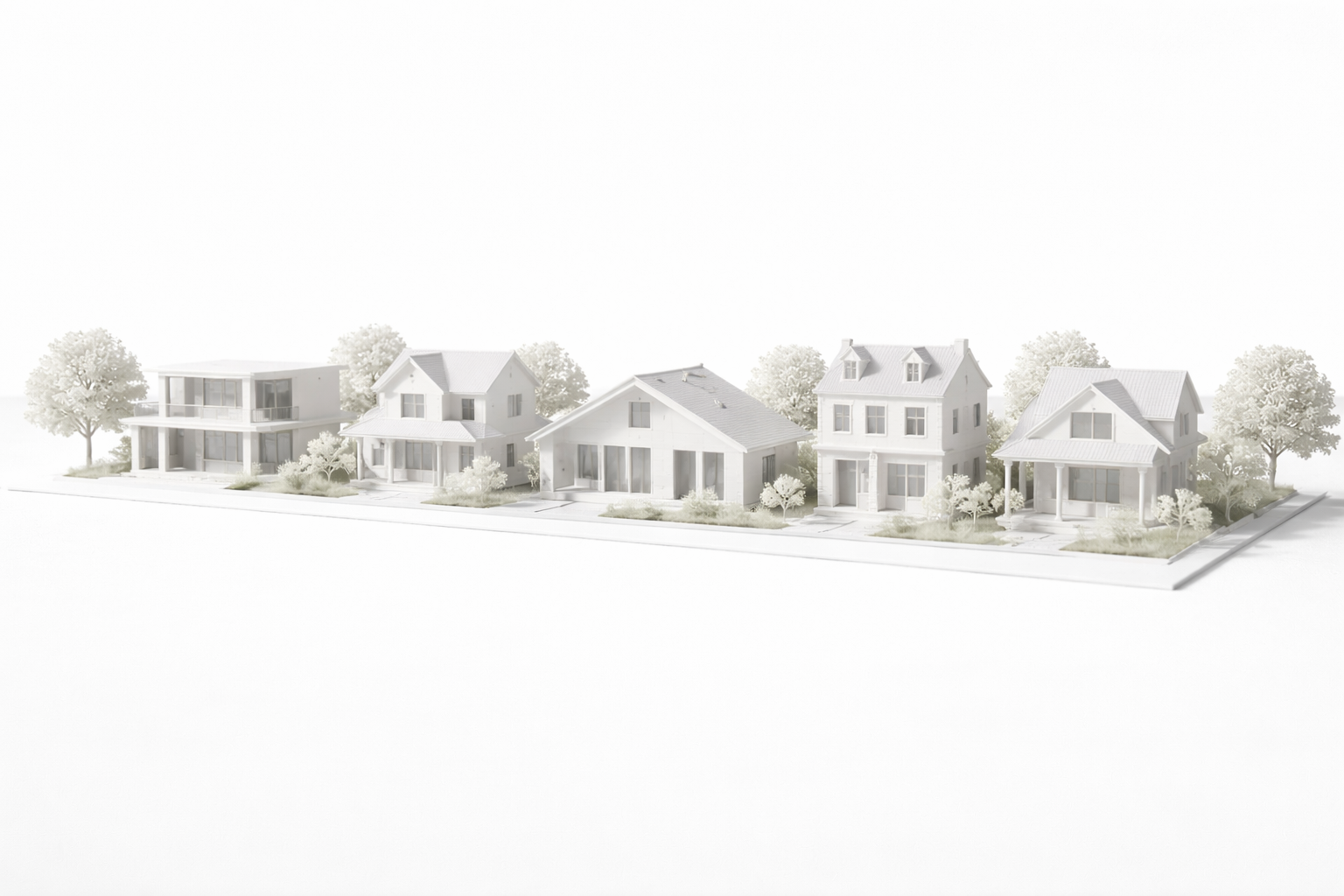 Architectural model row of different house styles with miniature trees.