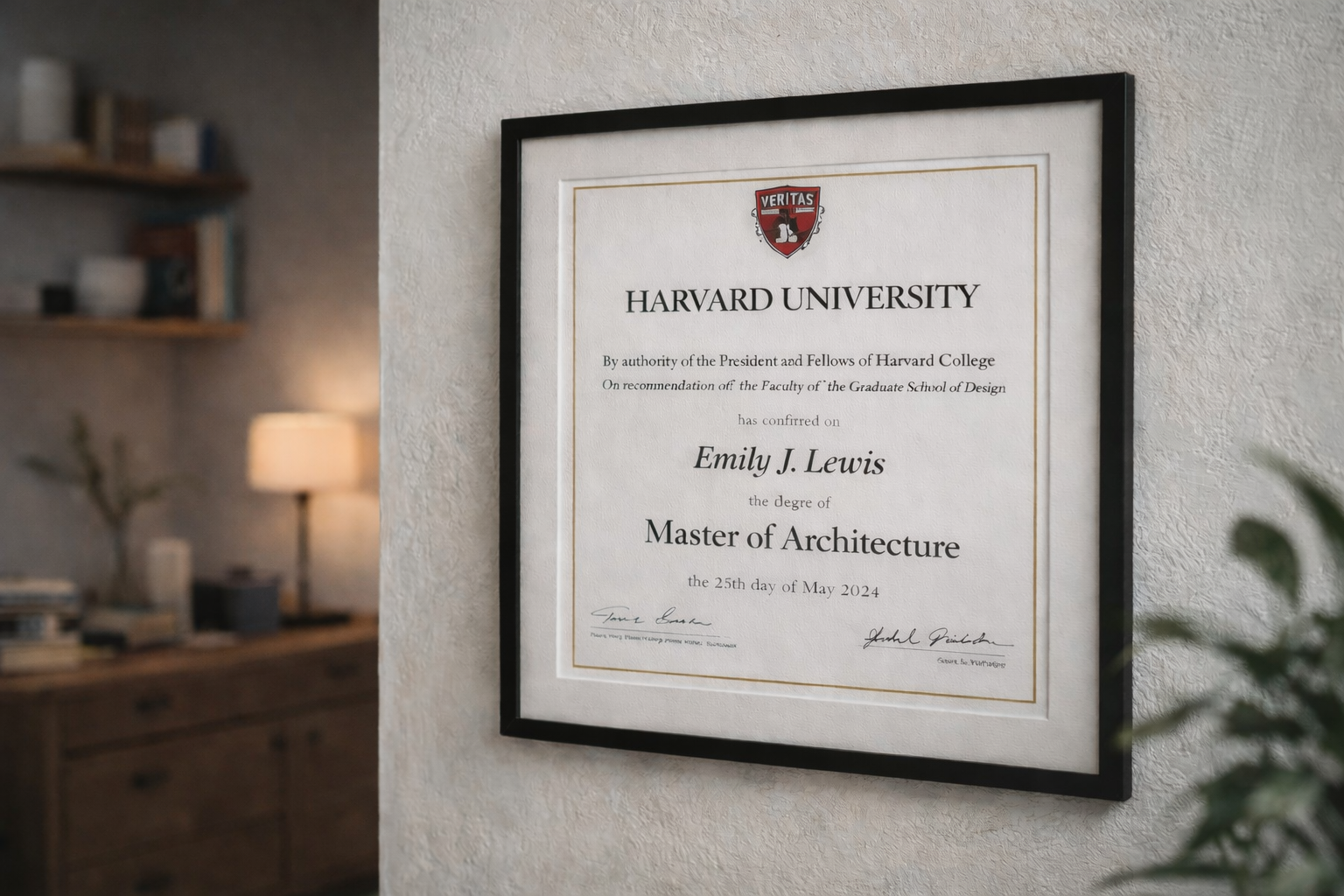 Framed Master of Architecture degree on wall in modern studio-style room.