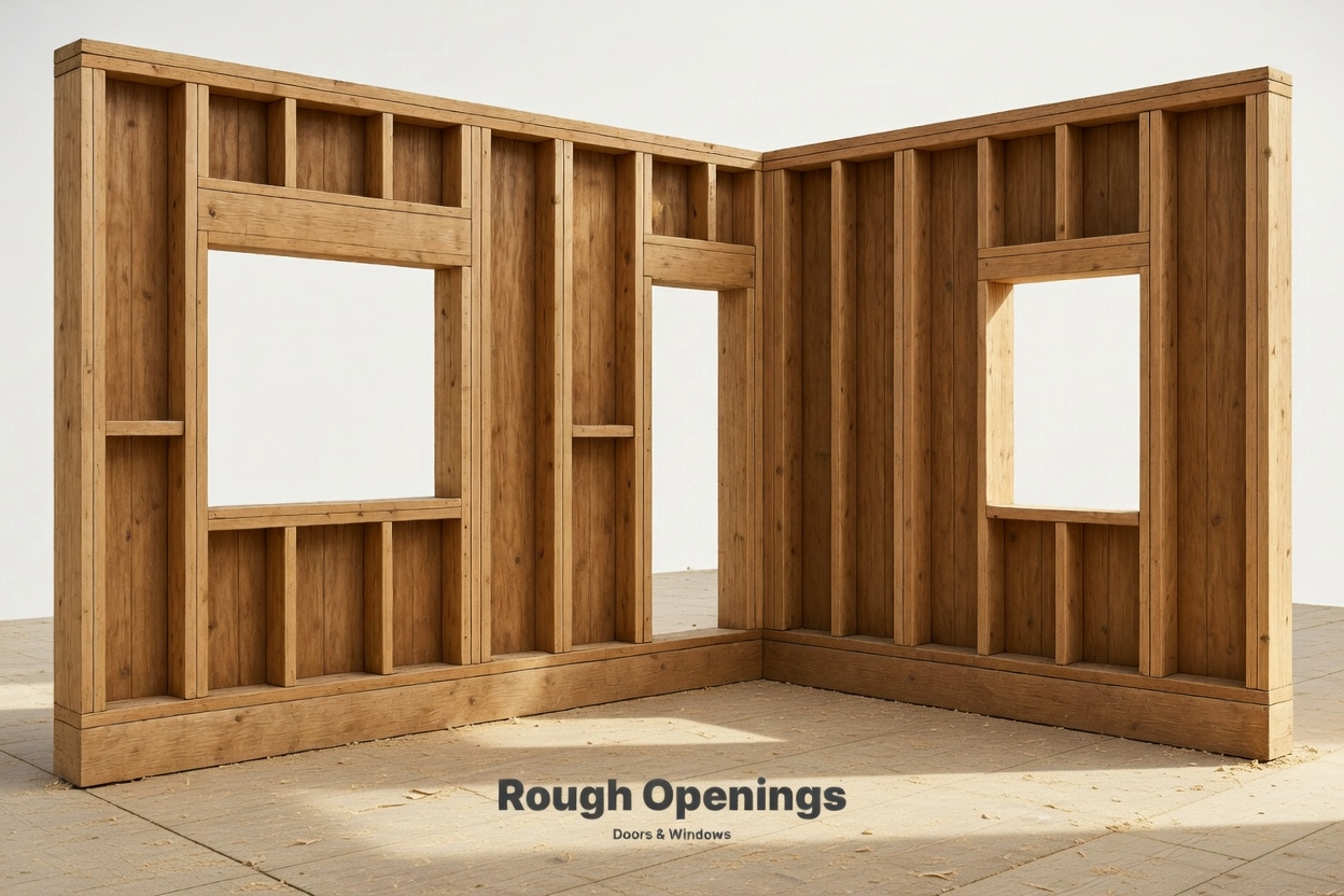 Wood-framed wall corner showing rough openings for a door and windows.