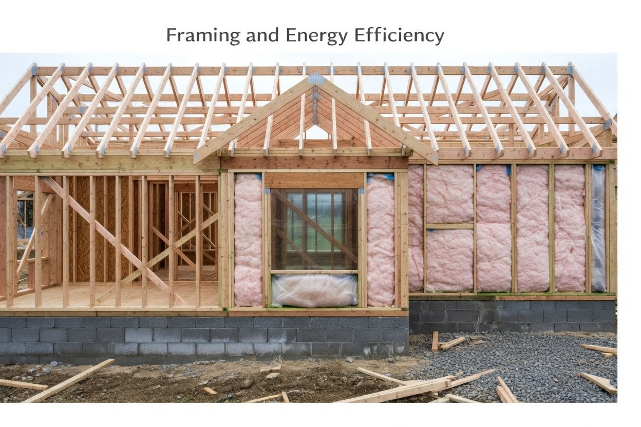 Wood wall framing with insulation bays showing how framing layout affects energy efficiency.