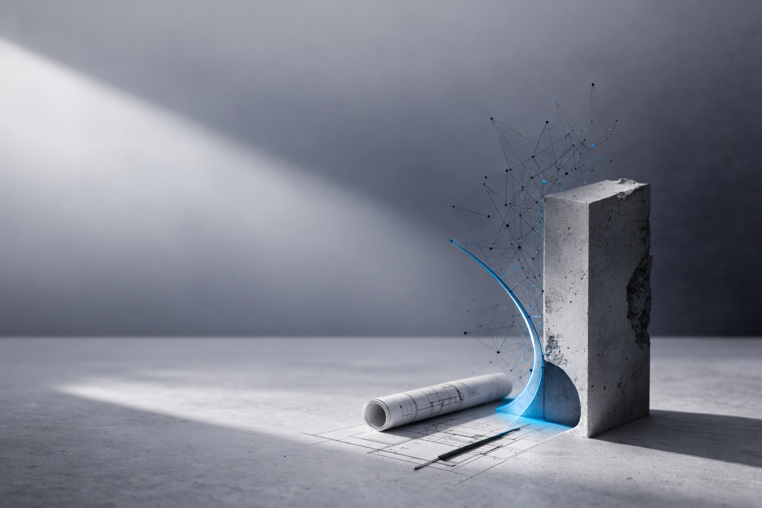 Concrete block and rolled plan with a cobalt blue arc suggesting AI in architecture.