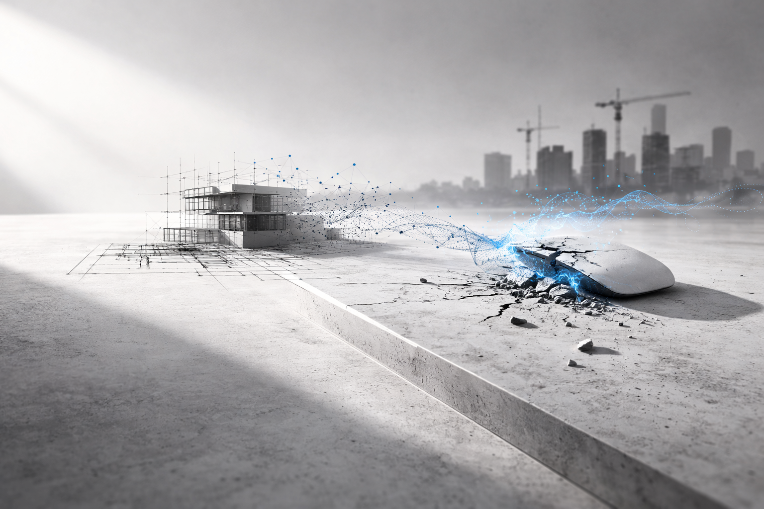 Minimal architectural model with blue data stream and broken mouse symbolizing AI misuse.