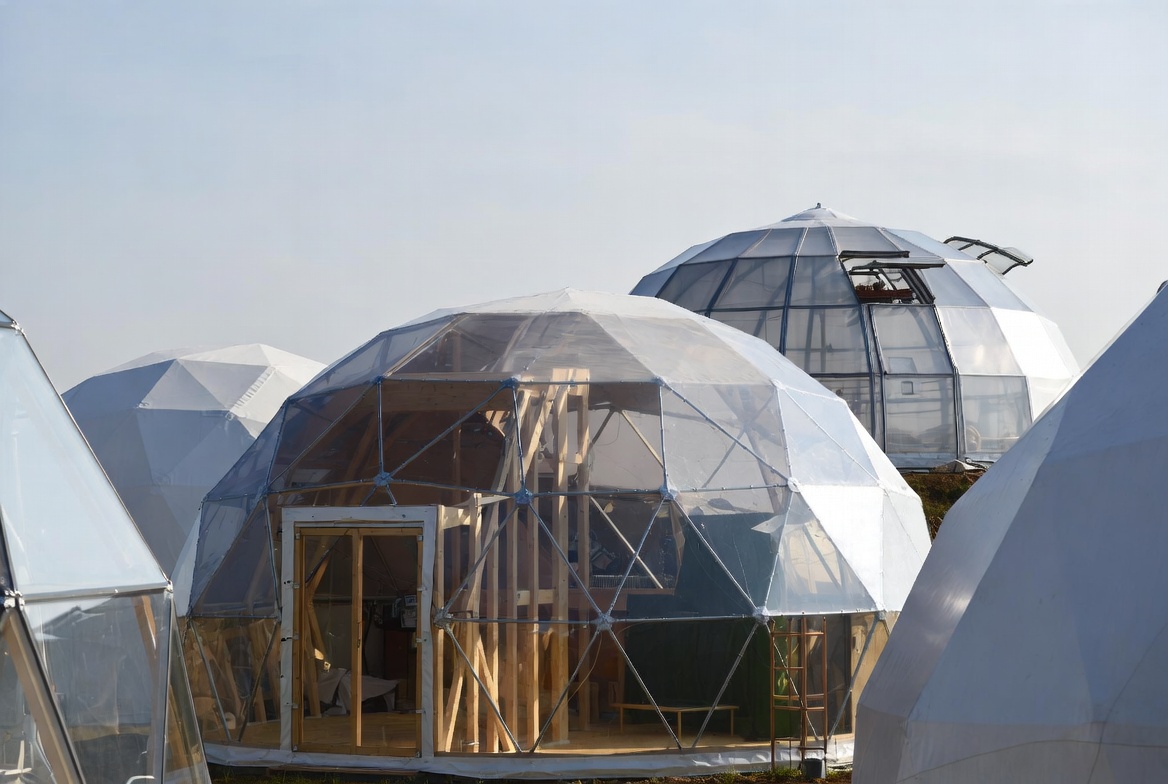 Cluster of geodesic dome structures with visible faceted framing and translucent exterior panels.