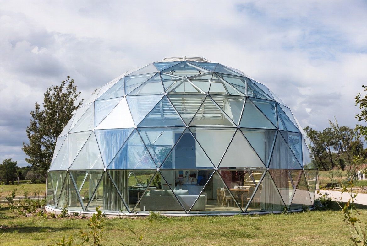 Glass dome house with visible glazing, curtains, and mixed transparent and opaque panels in a residential setting.