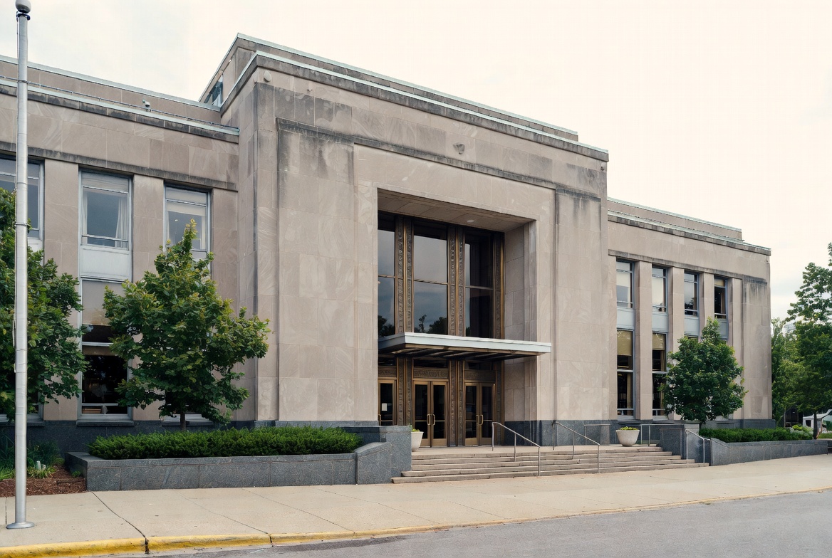 Governmental civic building with formal symmetry, monumental entrance, and institutional stone facade.