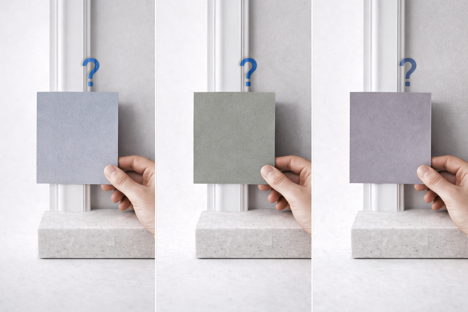 Three gray paint swatches showing blue, green, and purple undertones beside white trim.