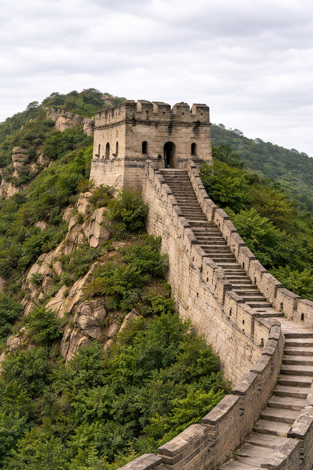 Close-up of a Great Wall watchtower with steep stone steps and rugged mountain forest backdrop.