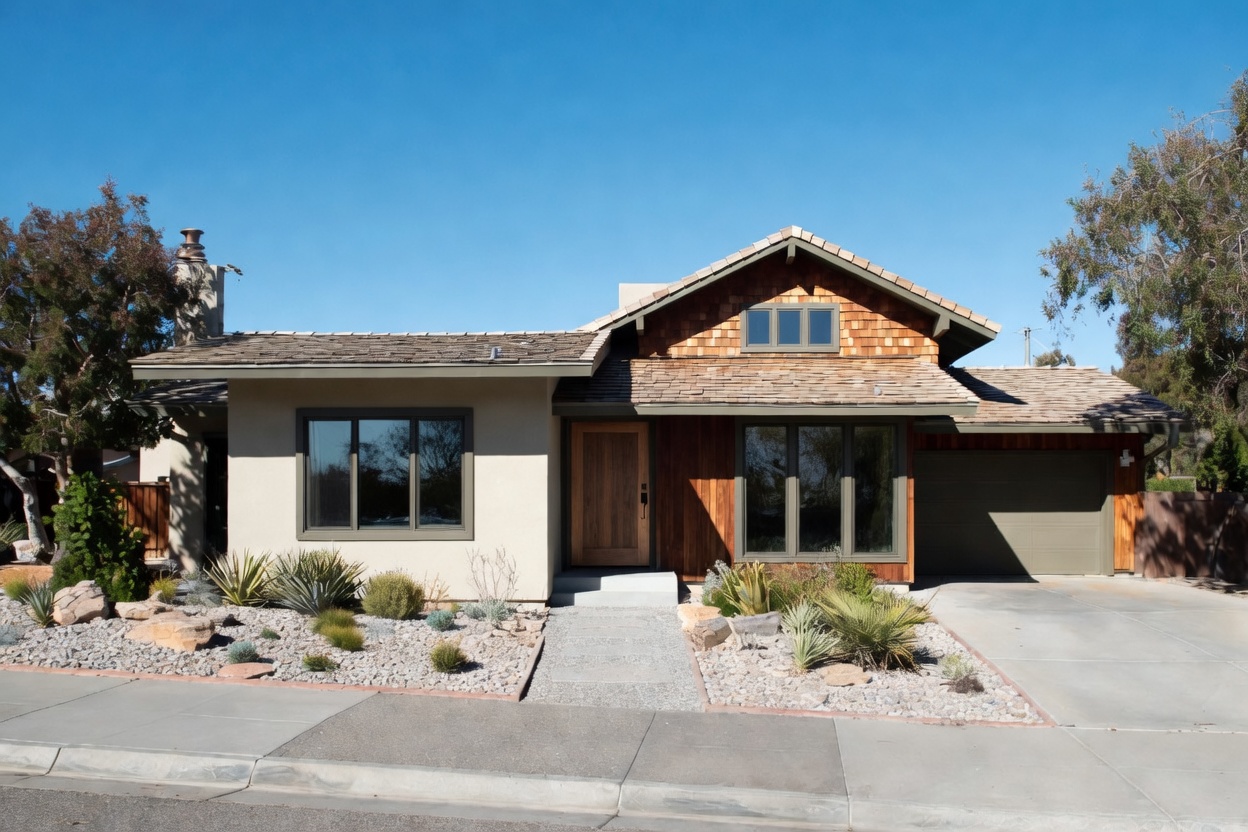Modest contemporary house showcasing practical green building practices with deep roof overhangs and high-performance windows.