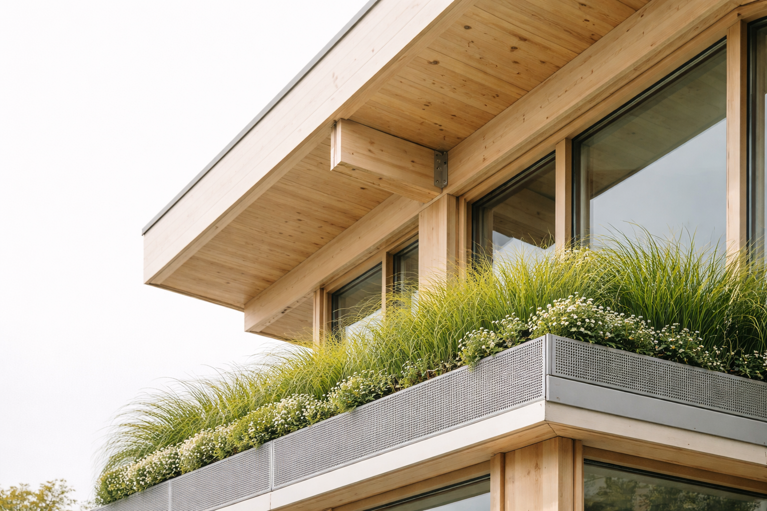 Sustainable building example with timber structure, glass facade, and green roof planting detail.
