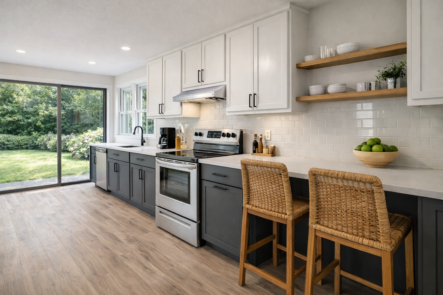 Grey and warm white modular kitchen with wood accents.