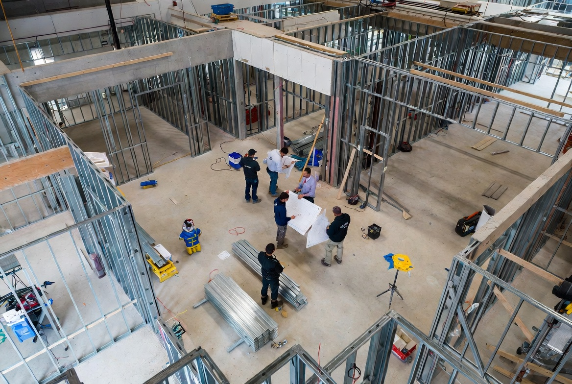Main floor of a healthcare facility under construction with steel studs and temporary supports in place.