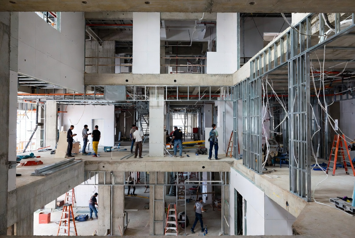 Stairwell and structural openings in a healthcare construction project with steel studs and concrete elements.