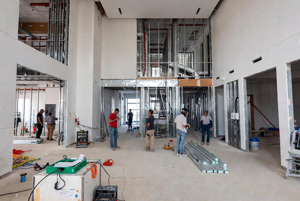 Upper floor framing and mechanical layout of a healthcare building under construction, with temporary scaffolding.