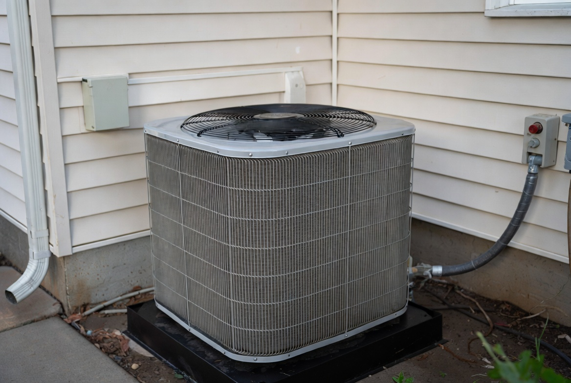 Outdoor residential heat pump condenser installed on a pad beside a house wall.