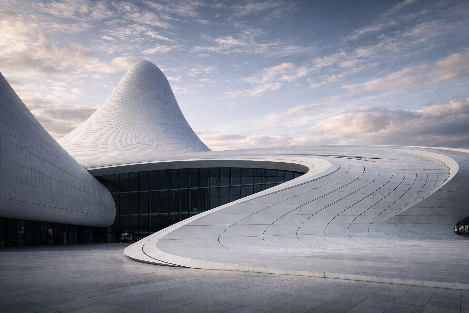 Heydar Aliyev Center in Baku, Azerbaijan, showing fluid white contemporary architecture. Title: Heydar Aliyev Center.